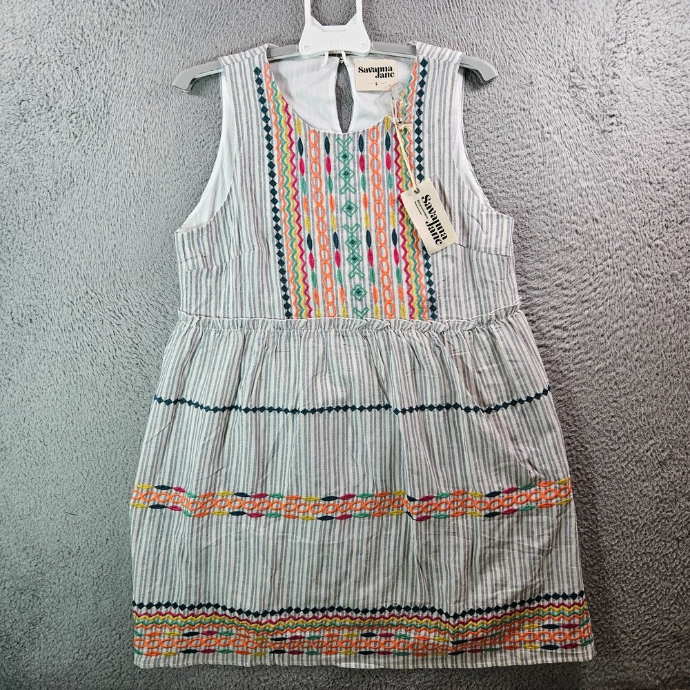 Savanna Jane White Striped Mini Dress with Multicolor Embroidery